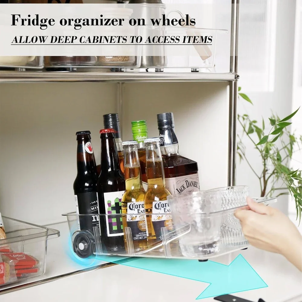 Set of 2 Clear Rolling Fridge‎ Cabinet Organizer Bins with Adjustable Dividers